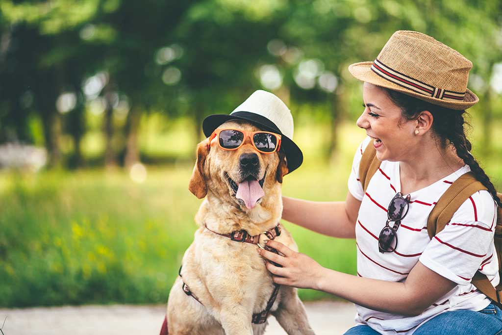 Mulher sorrindo para seu cachorro engraçado